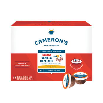 Cameron's Coffee Decaf Vanilla Hazelnut Flavored Light Roast Compostable Coffee Pods Single Serve K Cups for Keurig, Sweet & Nutty, 72 count Ecopods Box