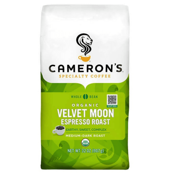 Cameron's Specialty Coffee Organic Velvet Moon- Expresso Roast Medium Dark 100% & Whole Bean Coffee with Earthy Sweet Complex Taste USDA Organic Kosher Parve 32oz. Bag