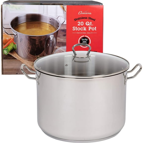Camerons 20 Quart Tri-Ply Stainless Steel Stock Pot- Commercial Grade Sauce Pot for Canning w Stick Resistant Interior Cool and Induction Compatible