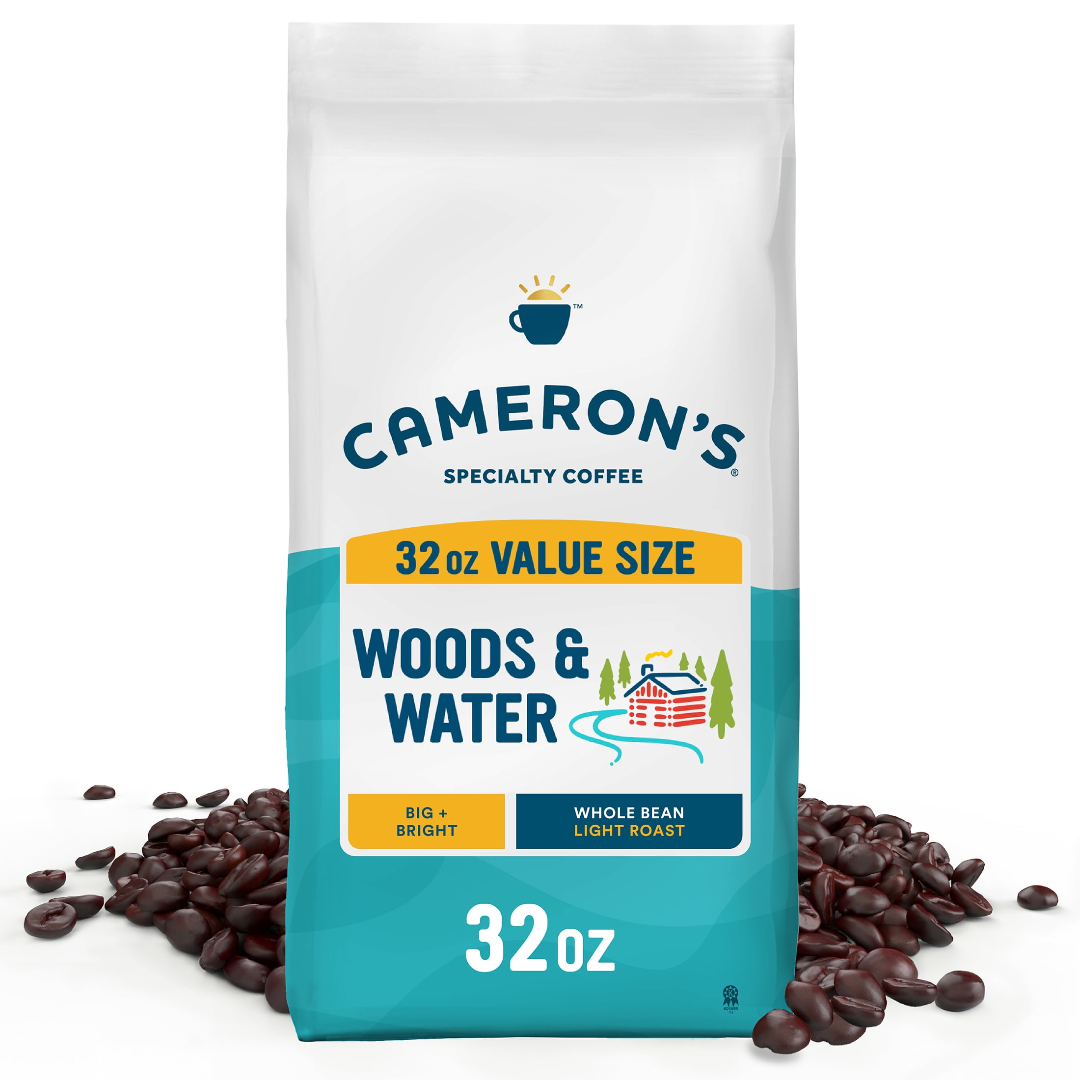 Cameron's Coffee Woods & Water Light Roast Whole Bean Arabica Coffee, Big & Bright, 32 oz Bag