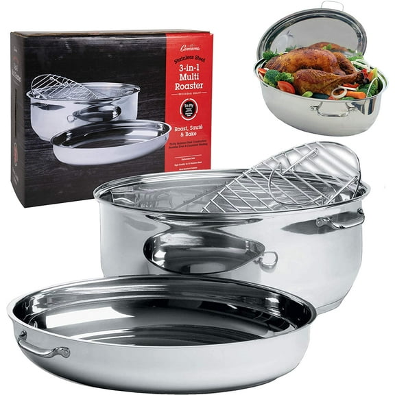 Camerons Multi Roaster- 3-in-1 Pan w Rack and Saute Cookware- Stainless Steel Tri Ply, Induction Compatible (11 QT), Ture w Stick Resistant Interior
