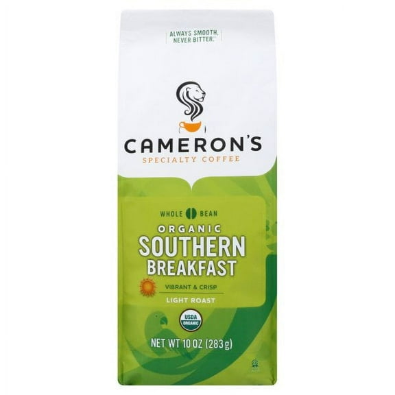 Camerons Organic Whole Bean Peruvian coffee 10 oz bag. Light roast. 2-pack