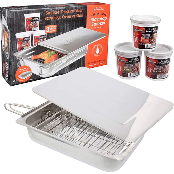 Camerons Original Stovetop Smoker - Smoker Box Gift Set w/Oak, Apple, Hickory Wood Chips & Recipes- Indoor Outdoor Use on Any Heat for Smoking Meats, Veggies & Seafood- Grilling Gift