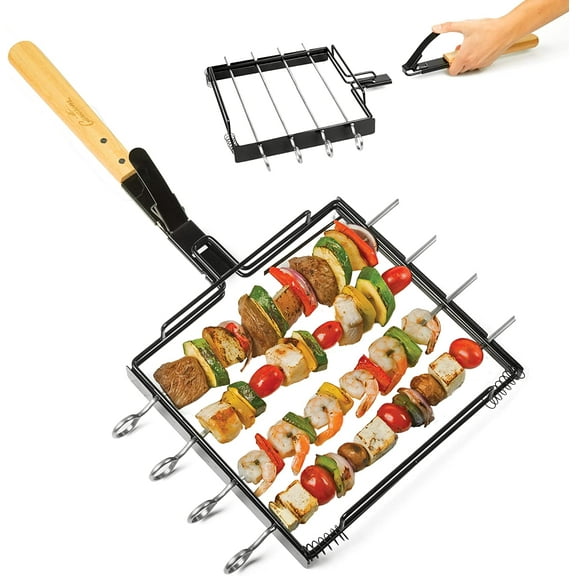 Camerons Products BBQ Skewer Rack Set with Detachable Handle for Closed Lid Cooking - Non-Stick for Grilling Barbecue Shish Kabobs, Meat, Vegetables, Fruit - (1 Rack, 4 Skewers)