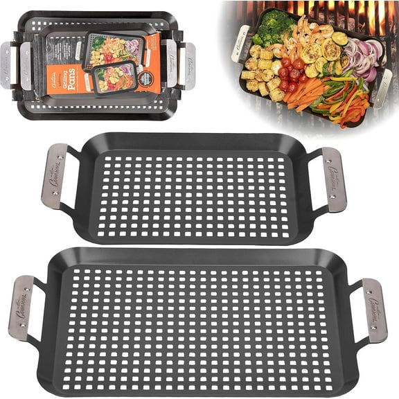 Camerons Products Camerons BBQ Grill Topper Grilling Pans (Set of 2) - Non-Stick Barbecue Trays w Stainless Steel Handles