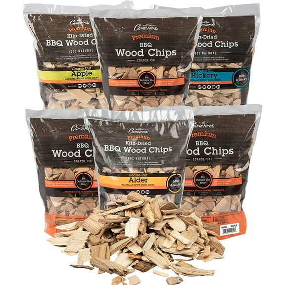 Camerons Products Wood Smoker Chips, 6 Pack ~ 2 lb. Bag, 260 cu. in. - Apple, Alder, Hickory, Cherry, Bourbon Soaked Oak, Pecan - 100% Natural, Fine Wood Smoking and Barbecue Chips