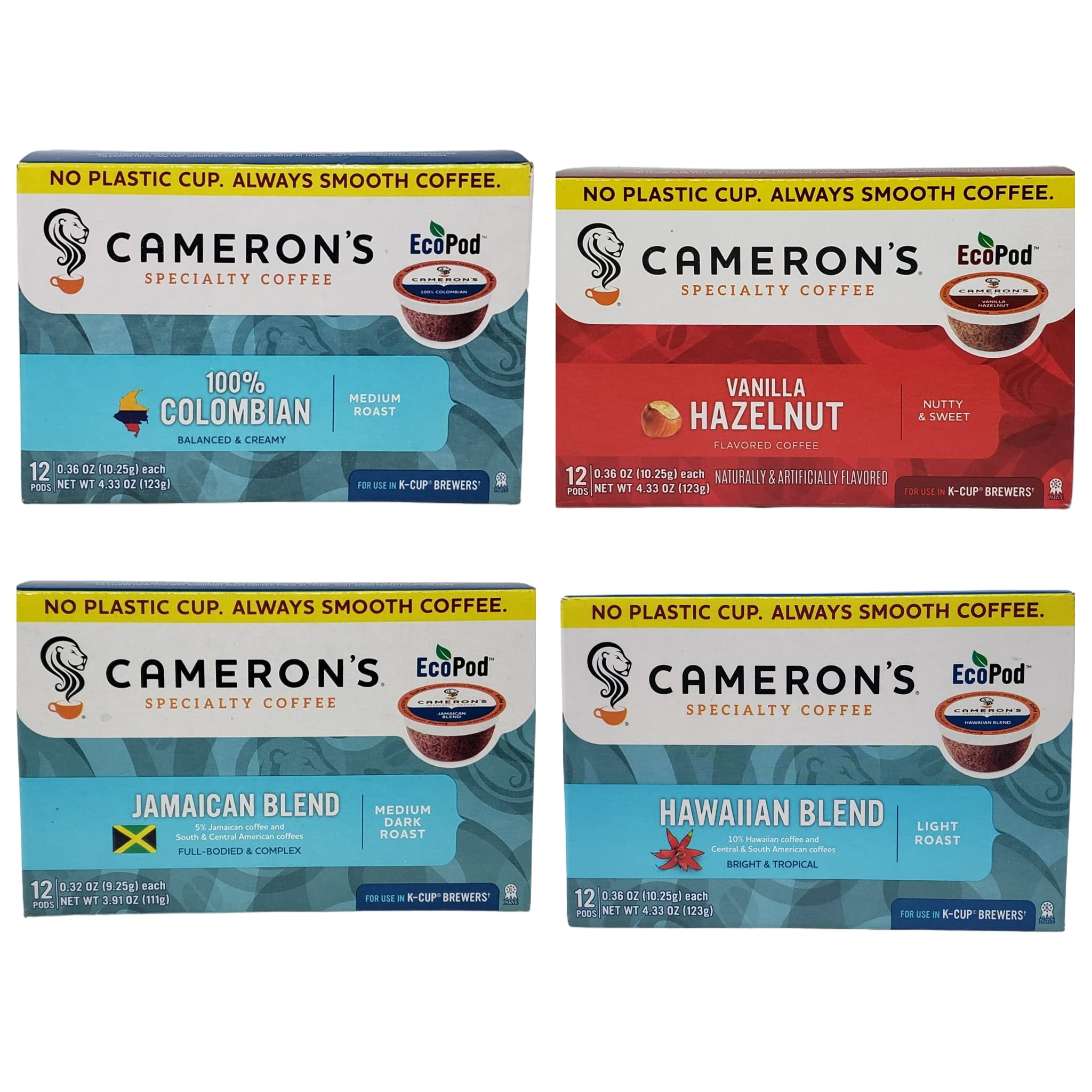 Camerons Specialty Coffee Pods Variety Pack - Vanilla Hazelnut, 100% Colombian, Hawaiian Blend, And Jamaican Blend - Allergen Free And Gluten Free - 48 Coffee Pods Total - For Use In K Cup Brewers