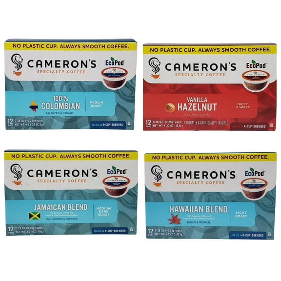 Camerons Specialty Coffee Pods Variety Pack - Vanilla Hazelnut, 100% Colombian, Hawaiian Blend, And Jamaican Blend - Allergen Free And Gluten Free - 48 Coffee Pods Total - For Use In K Cup Brewers