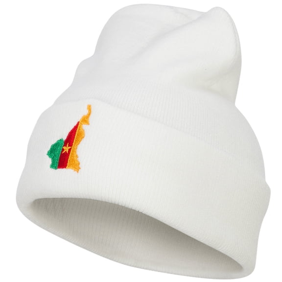 Cameroon Flag Map Embroidered Long Beanie - White OSFM