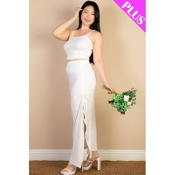 Cami Crop Top and Ruched Side Split Hem Midi Skirt Set in Plus Size