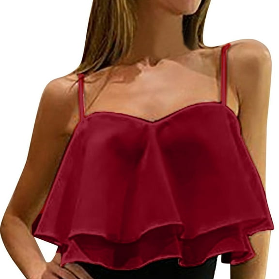 Cami Crop Top for Women Spaghetti Strap Layered Tees Fashion Summer Ruffle Dressy Camisole