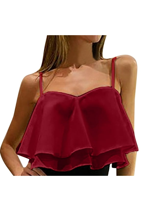 Cami Crop Top for Women Spaghetti Strap Layered Tees Fashion Summer Ruffle Dressy Camisole