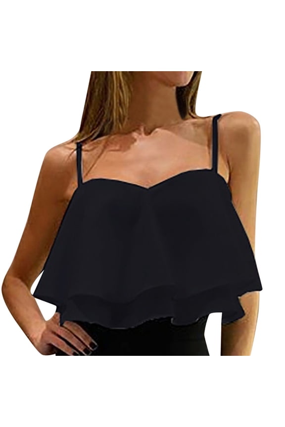 Cami Crop Top for Women Spaghetti Strap Layered Tees Fashion Summer Ruffle Dressy Camisole