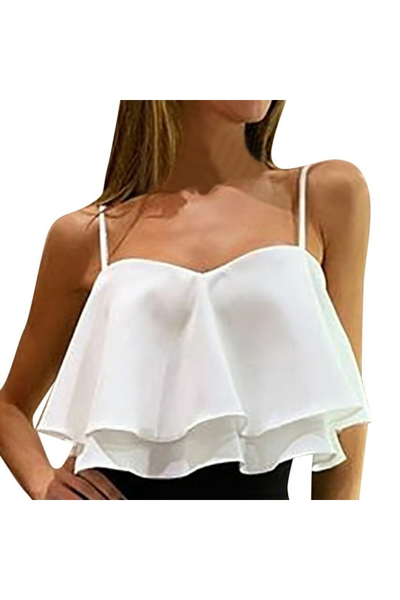Cami Crop Top for Women Spaghetti Strap Layered Tees Fashion Summer Ruffle Dressy Camisole