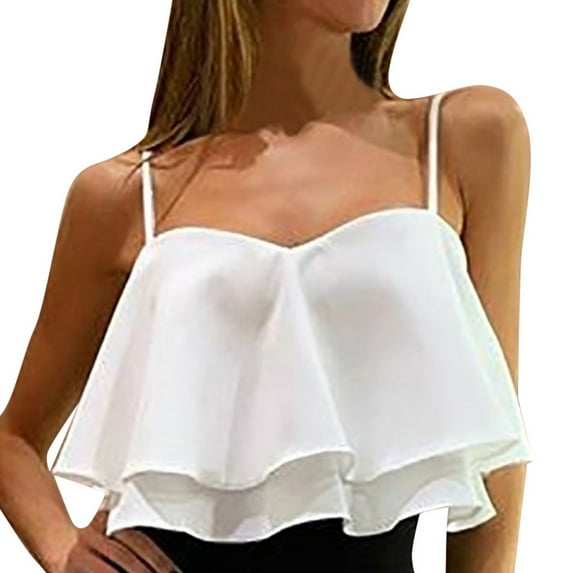 Cami Crop Top for Women Spaghetti Strap Layered Tees Fashion Summer Ruffle Dressy Camisole