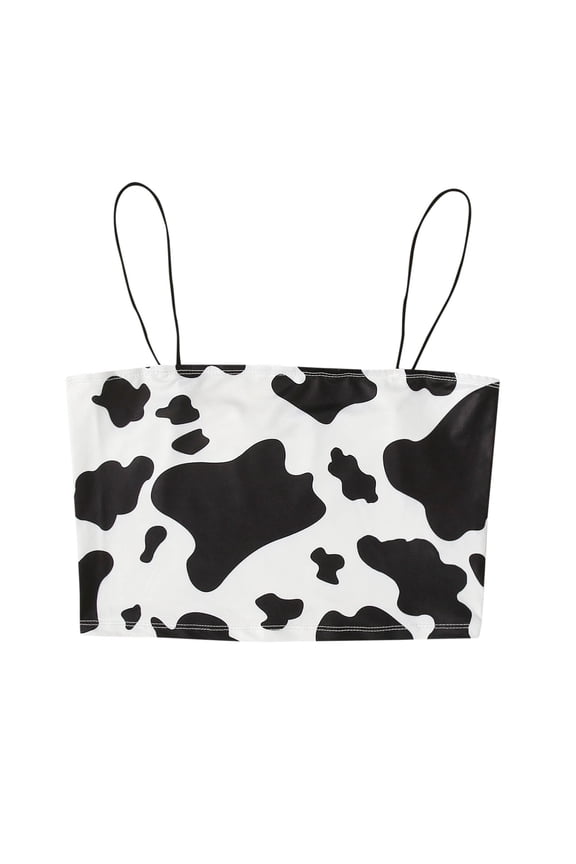 Cami Crop Tops for Women Lettuce Trim Cow Print Spaghetti Strap Camisole Tops Sleeveless Cami Tops Undershirt