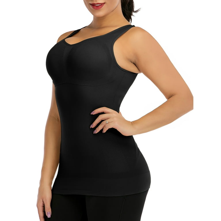Women's Tummy Control Shapewear Camisole Tank Tops Built-in Removable Bra  Pads Seamless Slimming Body Shaper Compression Top Black