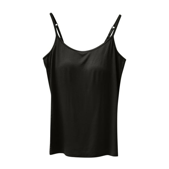 Cami Tops with Built in Bra Woman Modal Built-in Bra Padded Camisole Yoga Tanks Adjustable Spaghetti Strap Vest (Large, Black)