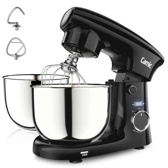 Camic Stand Mixer, 4.2QT+5.3QT Two bowls Electric Food Mixer, 10 Speeds with Digital setting 3-IN-1 Kitchen Mixer for Baking Cakes Cookie Bread Salad with Egg Whisk,Dough Hook,Flat Beater (Black)