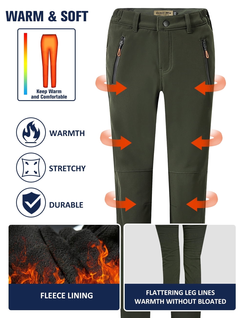 Camii Mia Snow Pants for Women Windproof Waterproof Ski Fleece Lined Pants Winter Warm Outdoor Hiking Pants