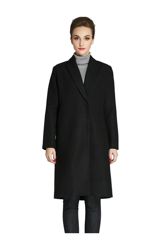 Women's Faux Wool Coat Elegant Lapel Trench Jacket Slim Long Coat Overcoat Outwear