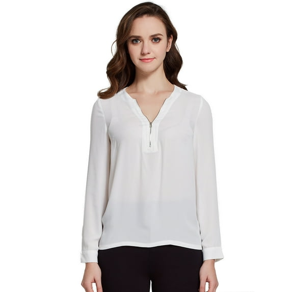 Camii Mia Womens T-shirts Long Sleeve Zipper V-neck White Shirts
