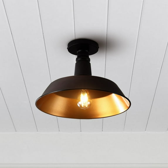 JONATHAN Y Camila 14" 1-Light Classic Industrial Indoor/Outdoor Iron LED Semi Flush Mount, Wood Finish/Copper, JYL7617G
