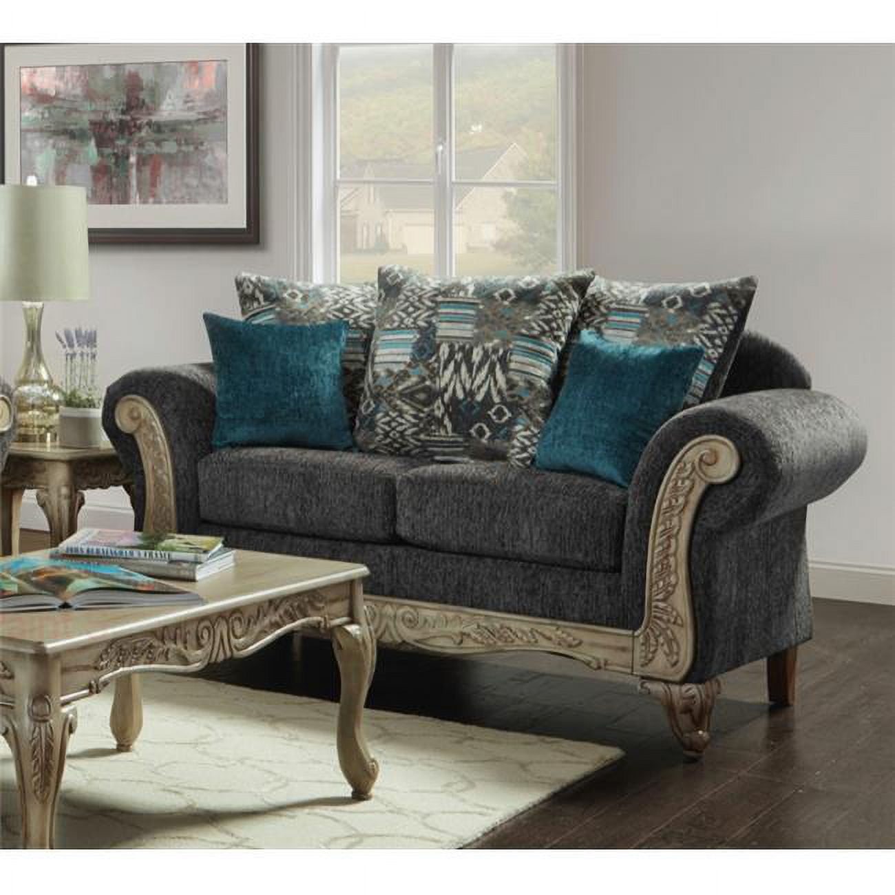 Camila Ornate Carved Wood Loveseat Sofa, Gray