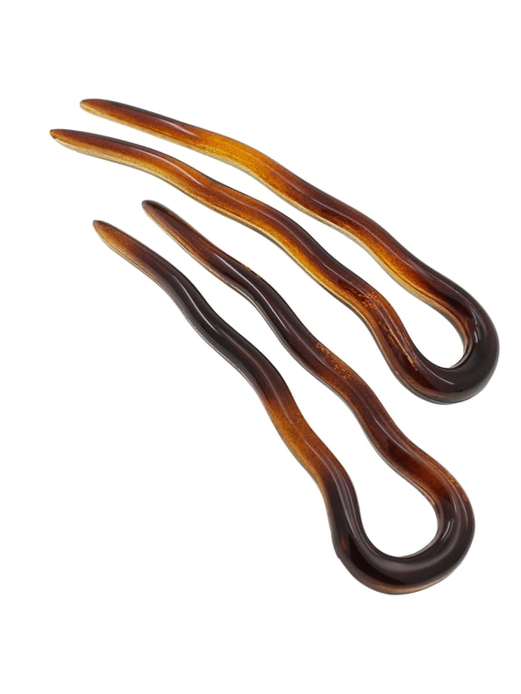 Paris AD823 French Twist Stick Hair Fork, 2 Small Wavy U Shaped Hair Pin Clip for Spiral Updo Bun, Tortoise Shell, Fashion Flexible Durable Styling Hair Accessories for Women, Made in France