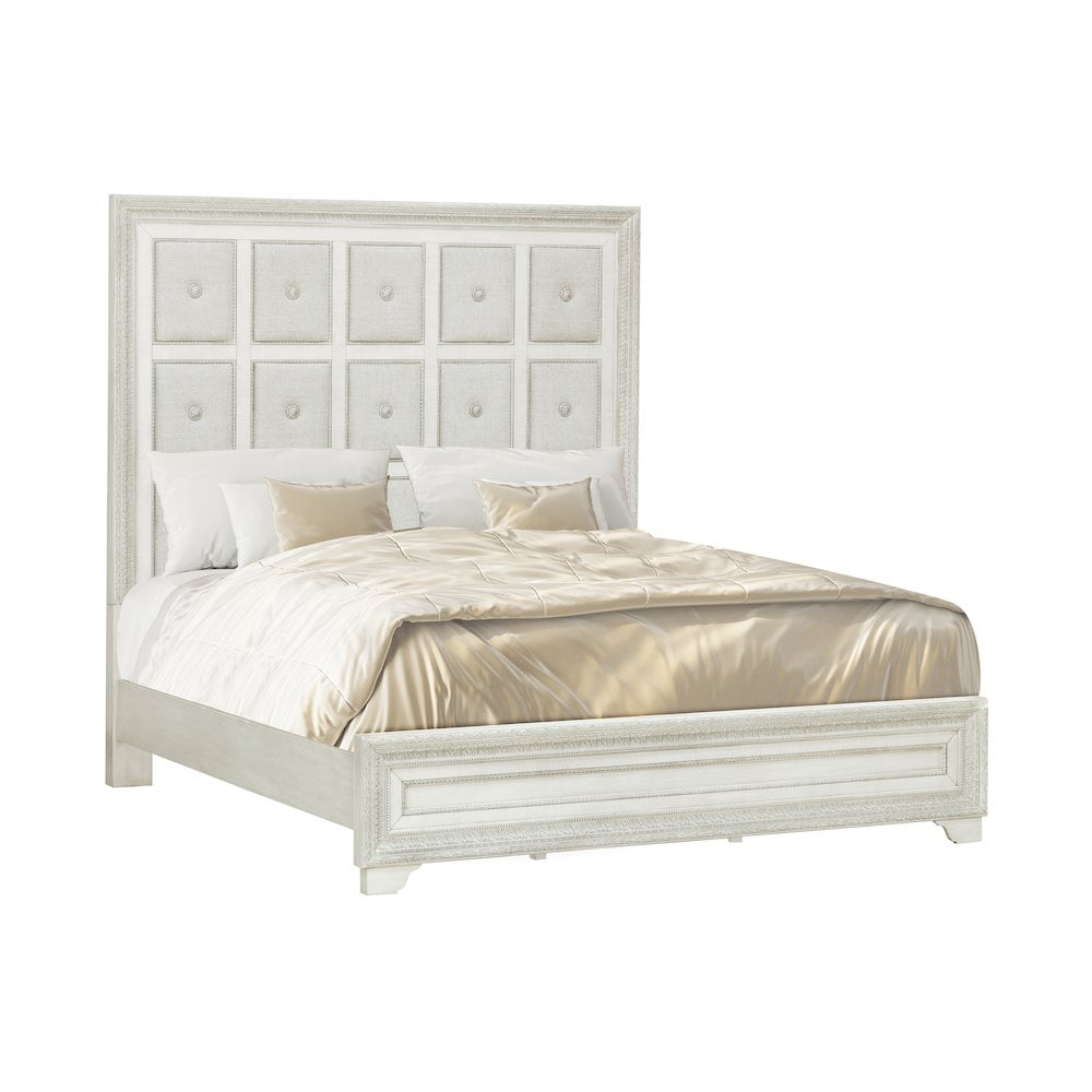 Camila Queen Cream Upholstered Bed with Wood Frame