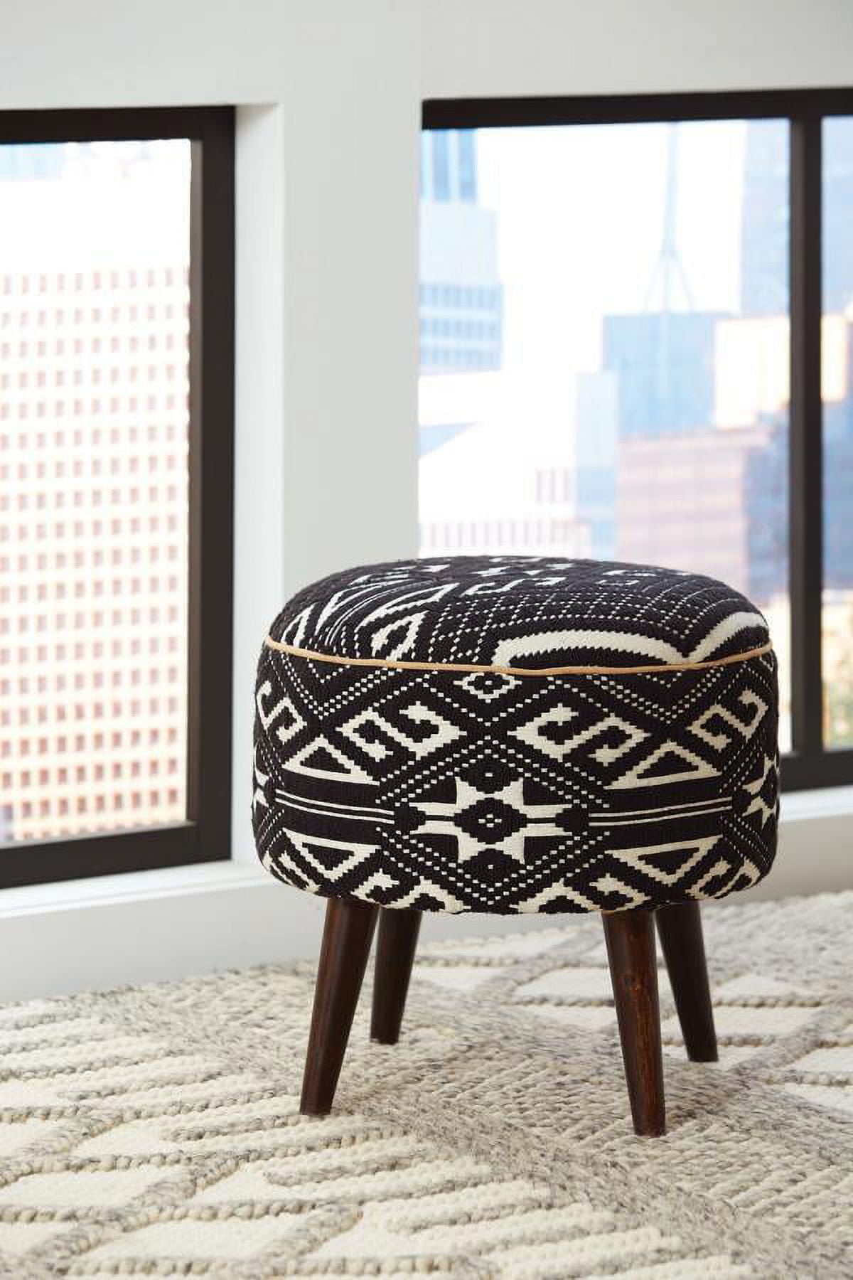 Camila Round Black and White Upholstered Pouf with Wood Legs