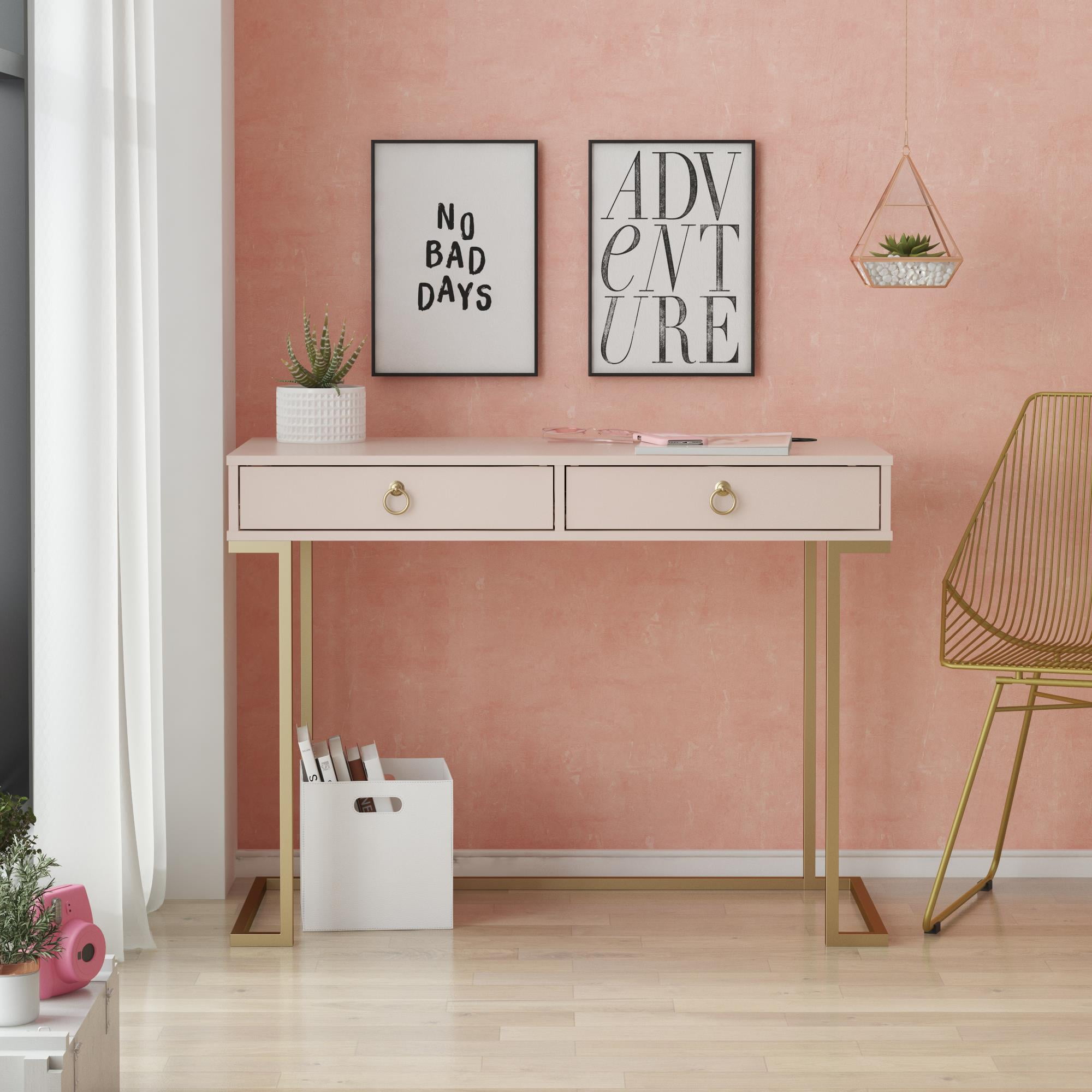 Pink Wood Writing Desk with Gold Metal Legs and Drawer