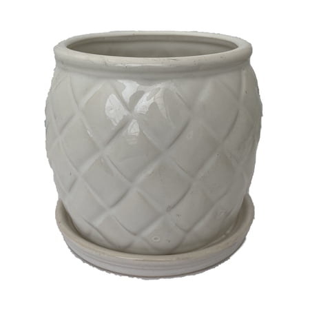 Camilia Ceramic Pot with Attached Saucer - 6" x 5" - Alabaster