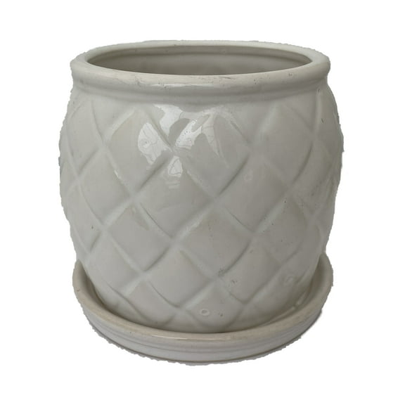 Camilia Ceramic Pot with Attached Saucer - 6" x 5" - Alabaster