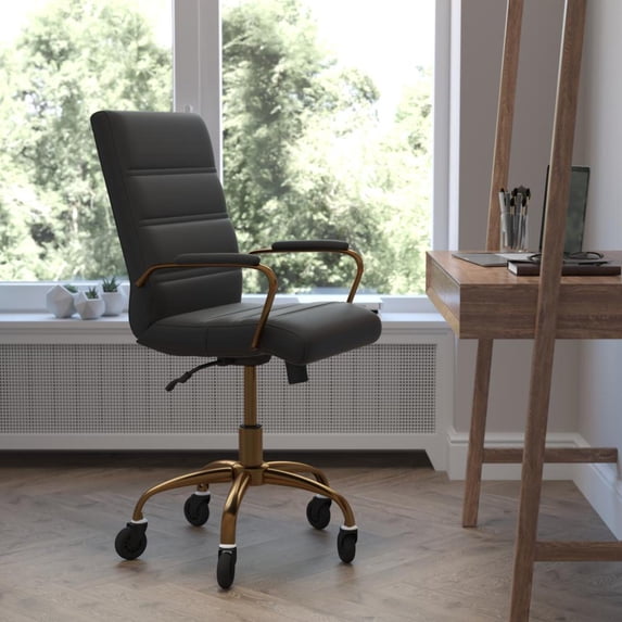 Mid-Back Black Executive Swivel Office Chair with Gold Frame, Arms,