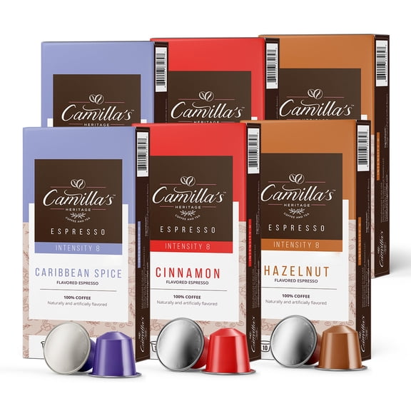 Camillas Heritage - Intensity 8 Flavored Espresso Coffee Spiced Variety Pack (Caribbean Spice, Cinnamon & Hazelnut Espresso Cups) 60 Coffee Pods