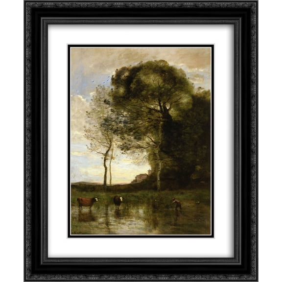Camille Corot 2x Matted 20x24 Black Ornate Framed Art Print 'Banks of a Pond in Normandy'