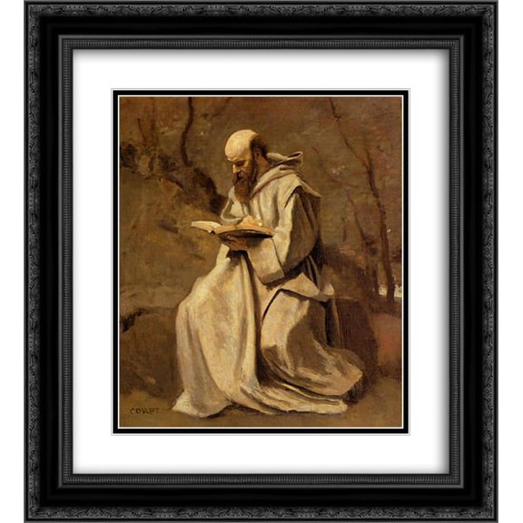 Camille Corot 2x Matted 20x24 Black Ornate Framed Art Print 'Monk in White, Seated, Reading'