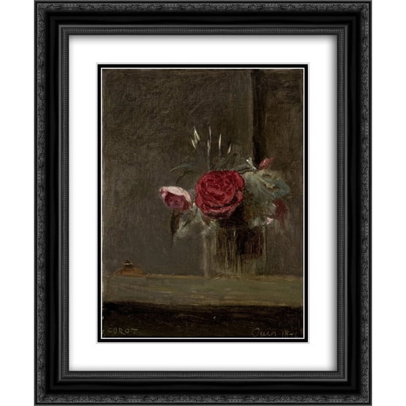 Camille Corot 2x Matted 20x24 Black Ornate Framed Art Print 'Roses in a Glass'