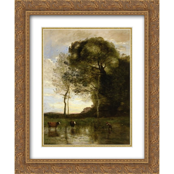 Camille Corot 2x Matted 20x24 Gold Ornate Framed Art Print 'Banks of a Pond in Normandy'