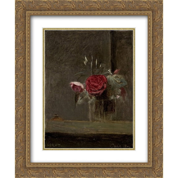 Camille Corot 2x Matted 20x24 Gold Ornate Framed Art Print 'Roses in a Glass'