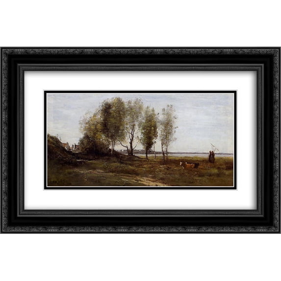Camille Corot 2x Matted 24x16 Black Ornate Framed Art Print 'The Bay of Somme'