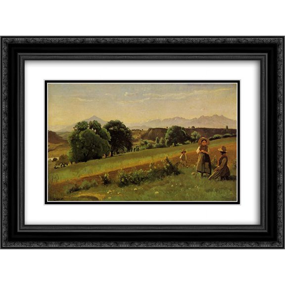 Camille Corot 2x Matted 24x18 Black Ornate Framed Art Print 'Landscape at Mornex, Haute Savoie'