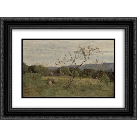 Camille Corot 2x Matted 24x18 Black Ornate Framed Art Print 'Landscape with Peasant Girl'