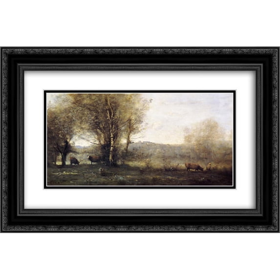 Camille Corot 2x Matted 24x18 Black Ornate Framed Art Print 'Pond with Three Cows (Souvenir of Ville d'Avray)'