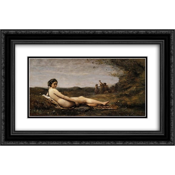 Camille Corot 2x Matted 24x18 Black Ornate Framed Art Print 'Repose'