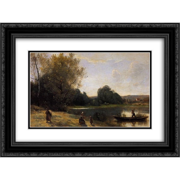Camille Corot 2x Matted 24x18 Black Ornate Framed Art Print 'Ville d'Avray The Boat Leaving the Shore'