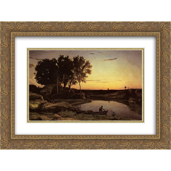 Camille Corot 2x Matted 24x18 Gold Ornate Framed Art Print 'Evening Landscape (The Ferryman, Evening)'