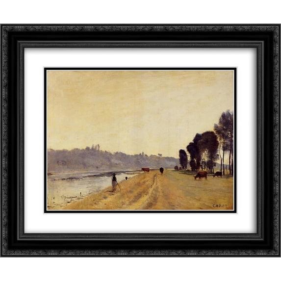 Camille Corot 2x Matted 24x20 Black Ornate Framed Art Print 'Banks of a River'