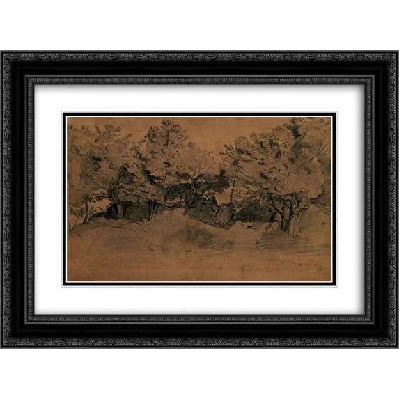 Camille Corot 2x Matted 24x20 Black Ornate Framed Art Print 'Landscape of Royat, study of trees'